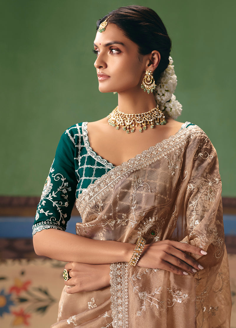 Beige Fancy Fabric Embroidered Saree - Monjolika Fashion