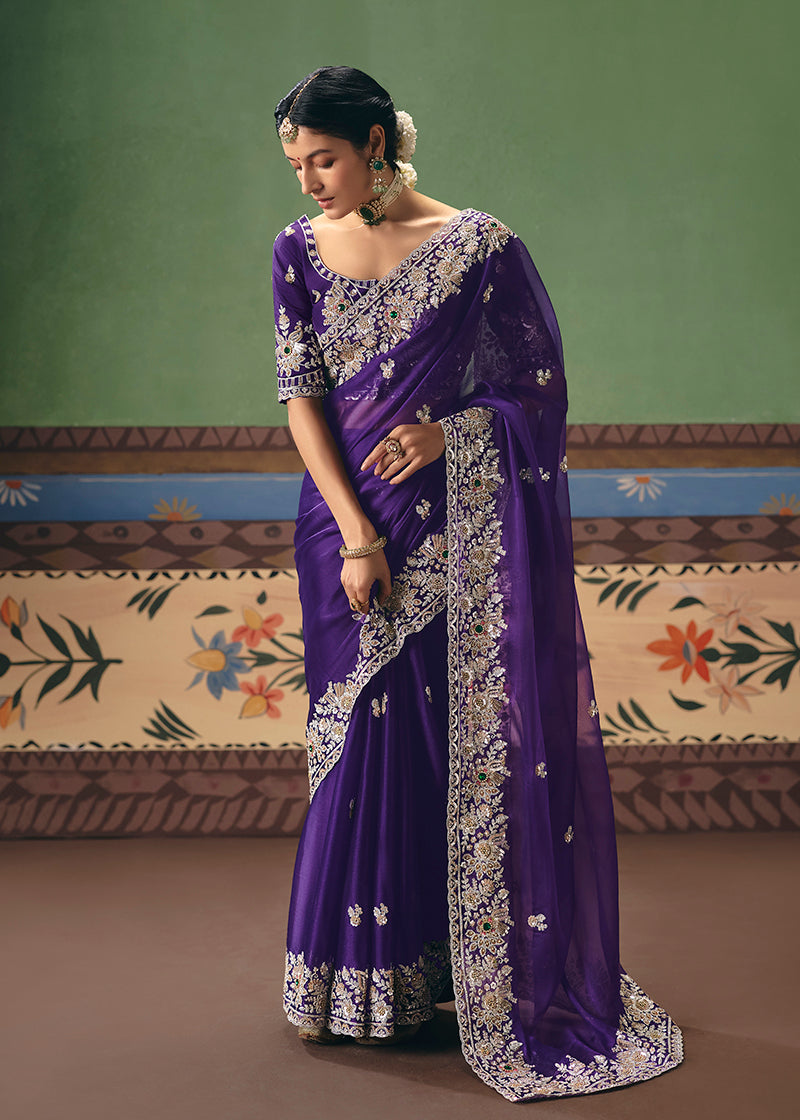 Purple Fancy Fabric Embroidered Saree - Monjolika Fashion