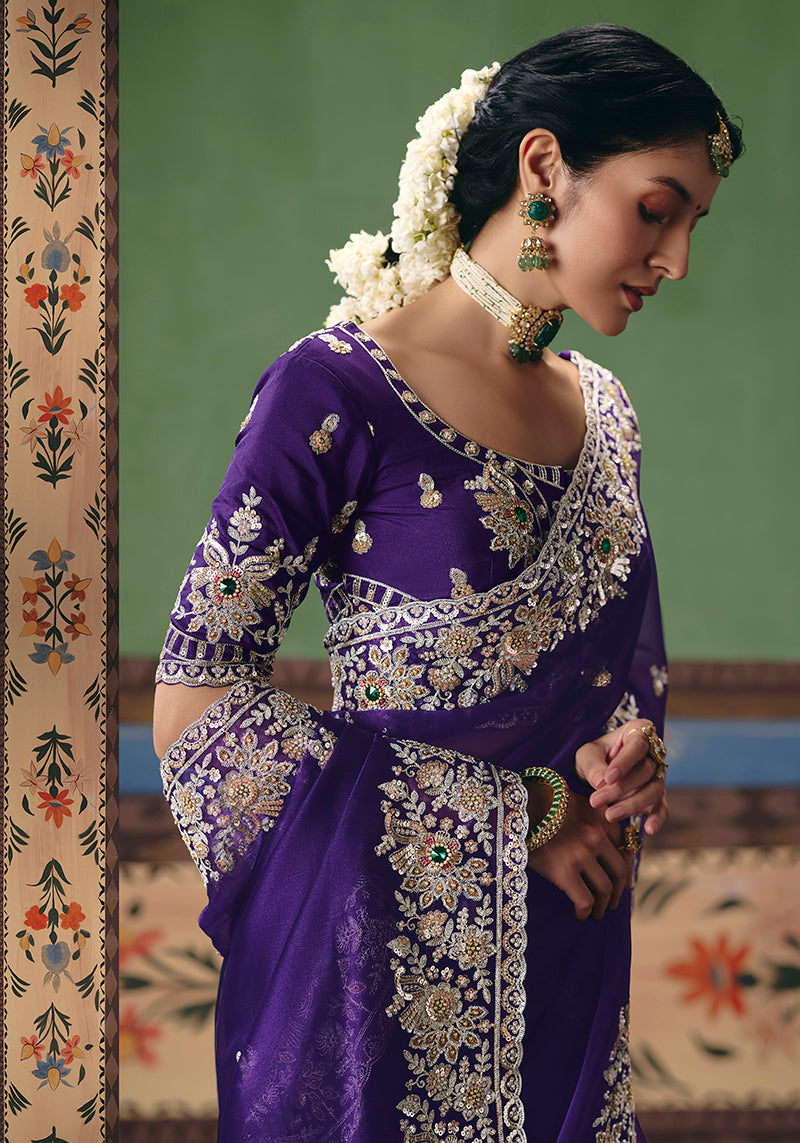 Purple Fancy Fabric Embroidered Saree - Monjolika Fashion