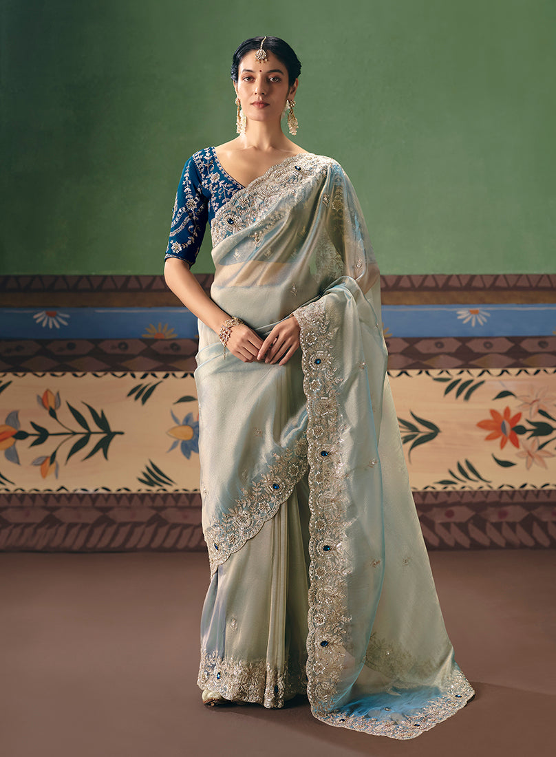 Light Sea Green Fancy Fabric Embroidered Saree - Monjolika Fashion