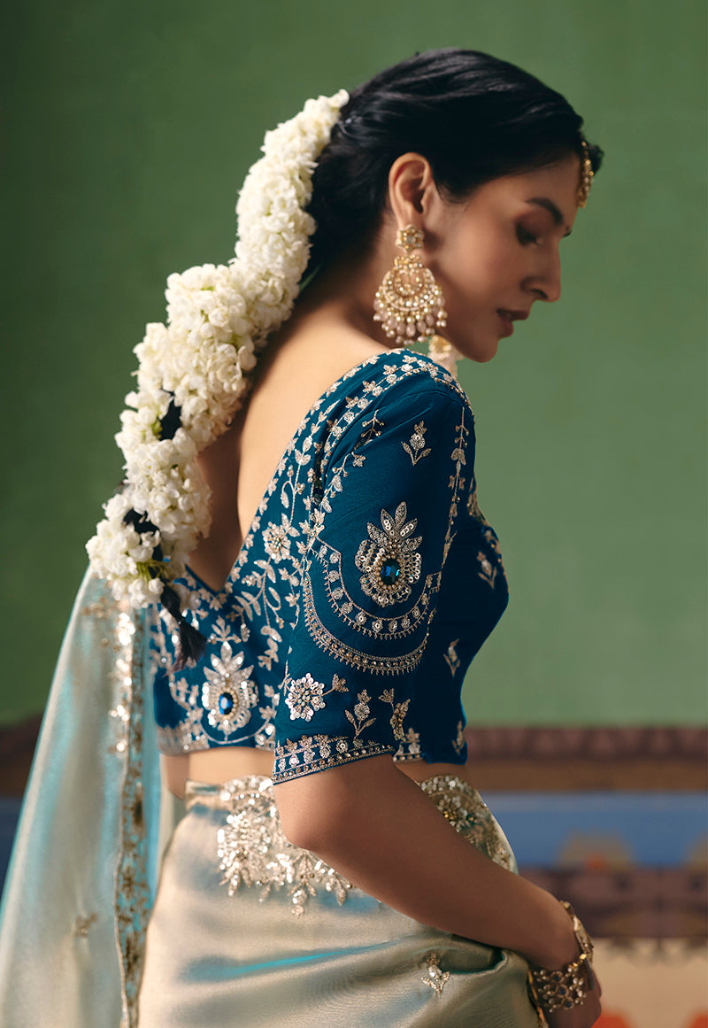Light Sea Green Fancy Fabric Embroidered Saree - Monjolika Fashion