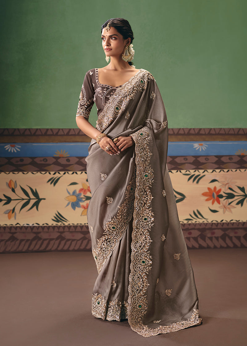 Taupe Fancy Fabric Embroidered Saree - Monjolika Fashion
