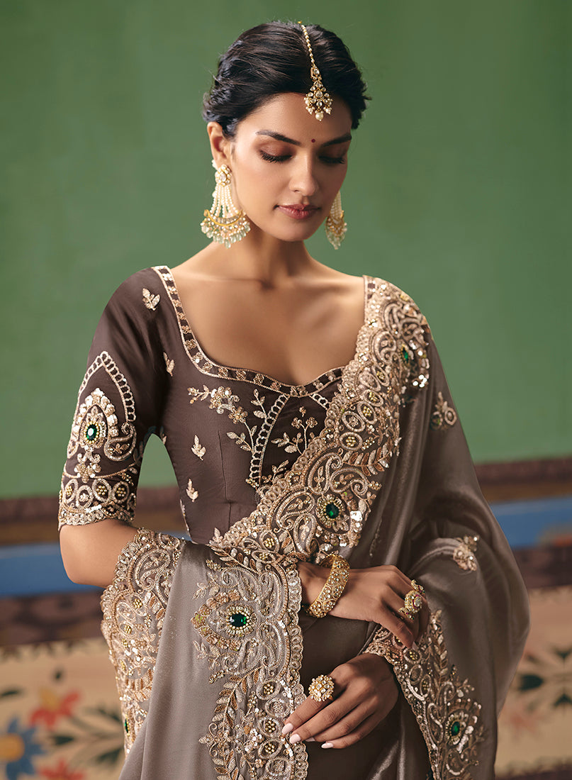 Taupe Fancy Fabric Embroidered Saree - Monjolika Fashion