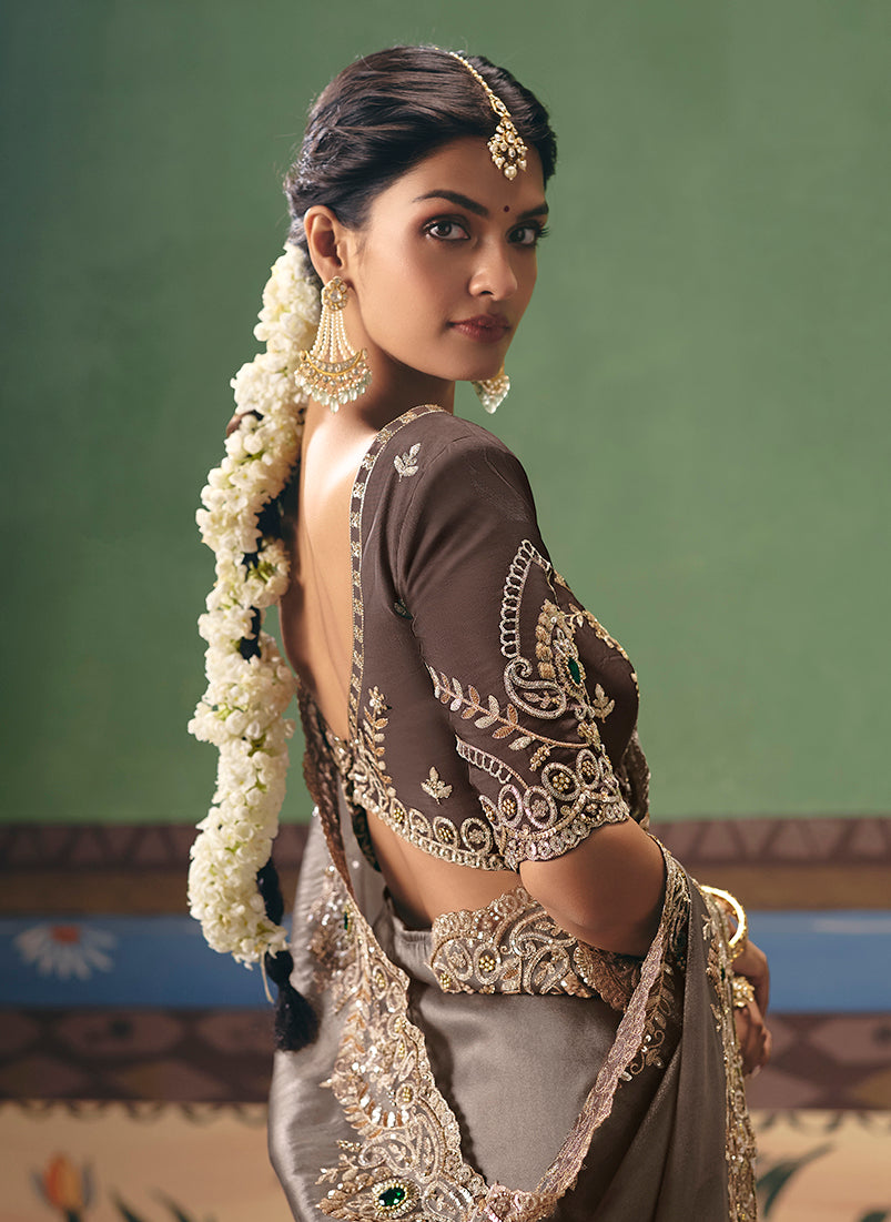 Taupe Fancy Fabric Embroidered Saree - Monjolika Fashion