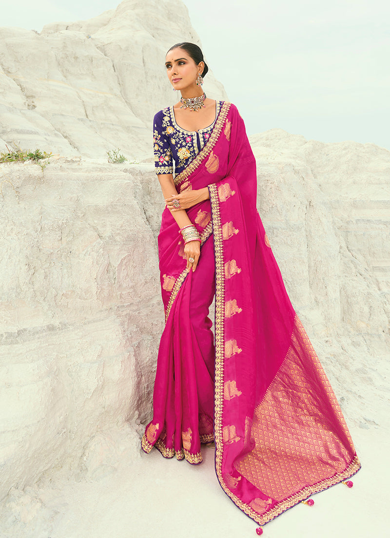 Organza Viscose Satin Embroidered Rani Pink Saree - Monjolika Fashion