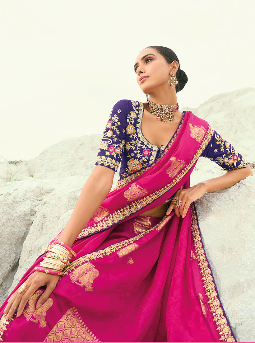 Organza Viscose Satin Embroidered Rani Pink Saree - Monjolika Fashion