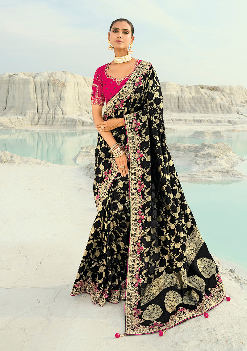 Viscose Embroidered Black Saree - Monjolika Fashion