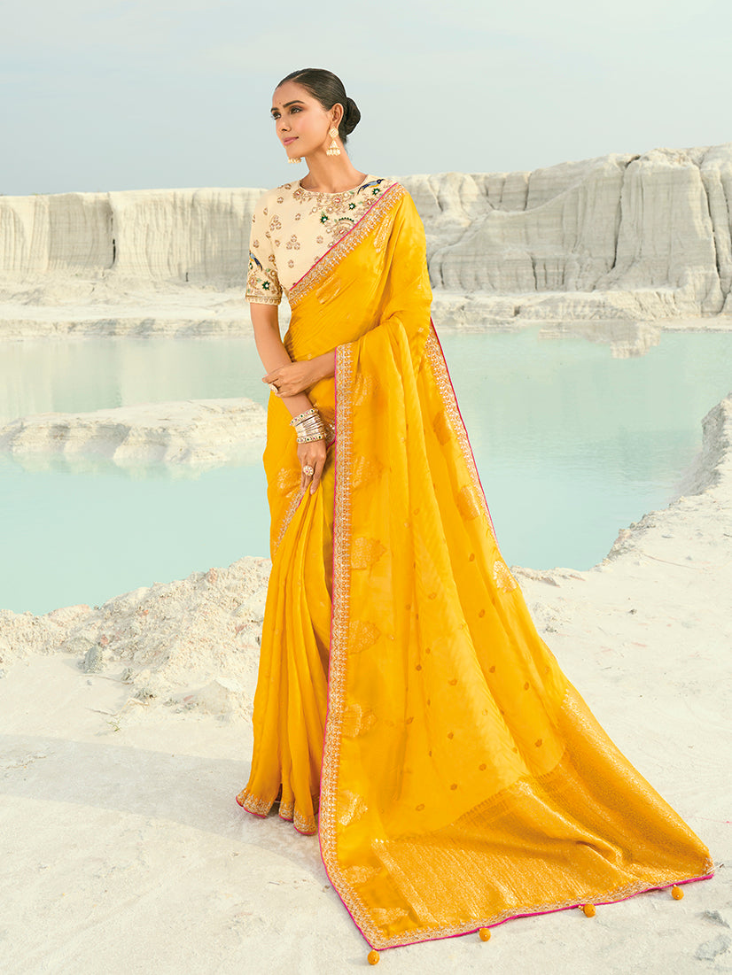 Organza Viscose Satin Embroidered Yellow Saree - Monjolika Fashion
