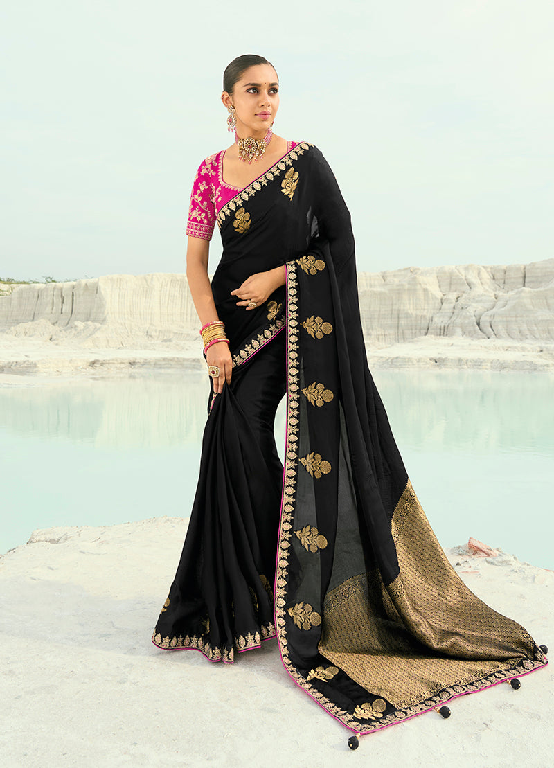 Organza Viscose Satin Embroidered Black Saree - Monjolika Fashion