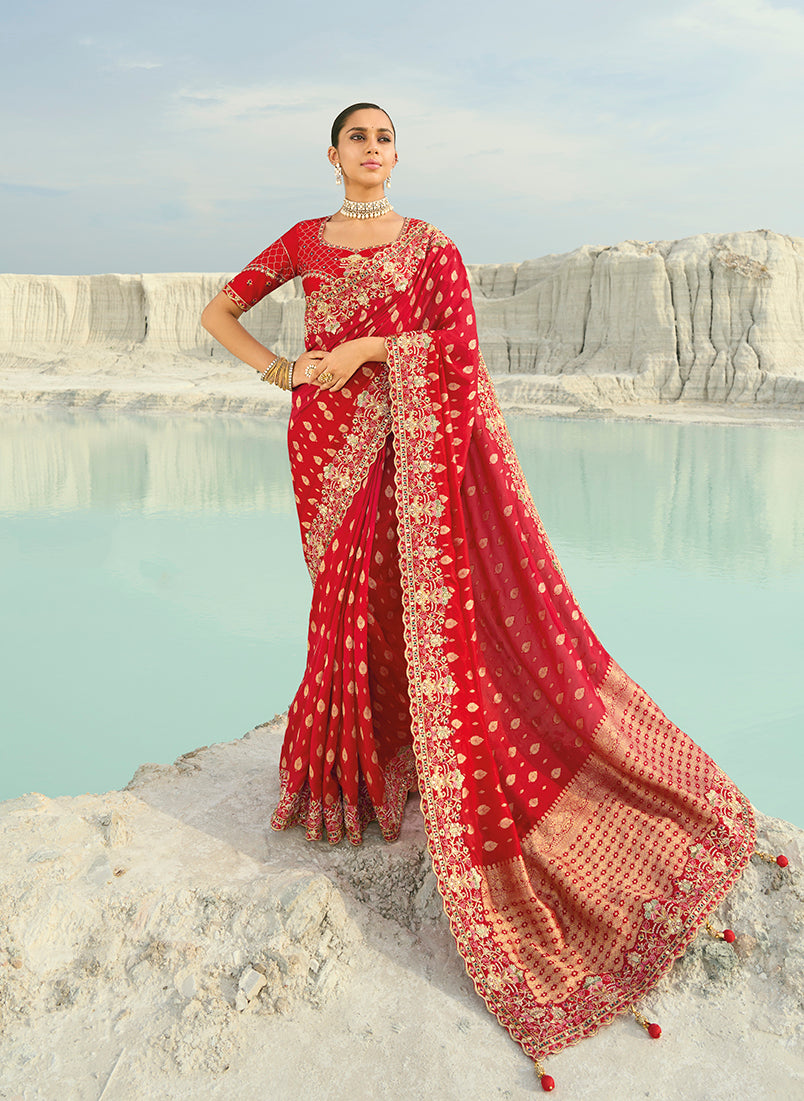 Viscose Embroidered Red Saree - Monjolika Fashion