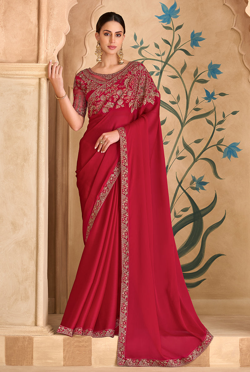 Embroidered Faux Georgette Red Saree - Monjolika Fashion