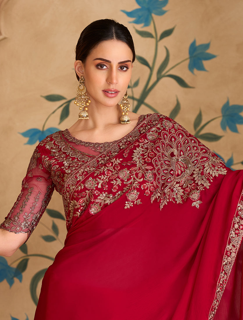 Embroidered Faux Georgette Red Saree - Monjolika Fashion