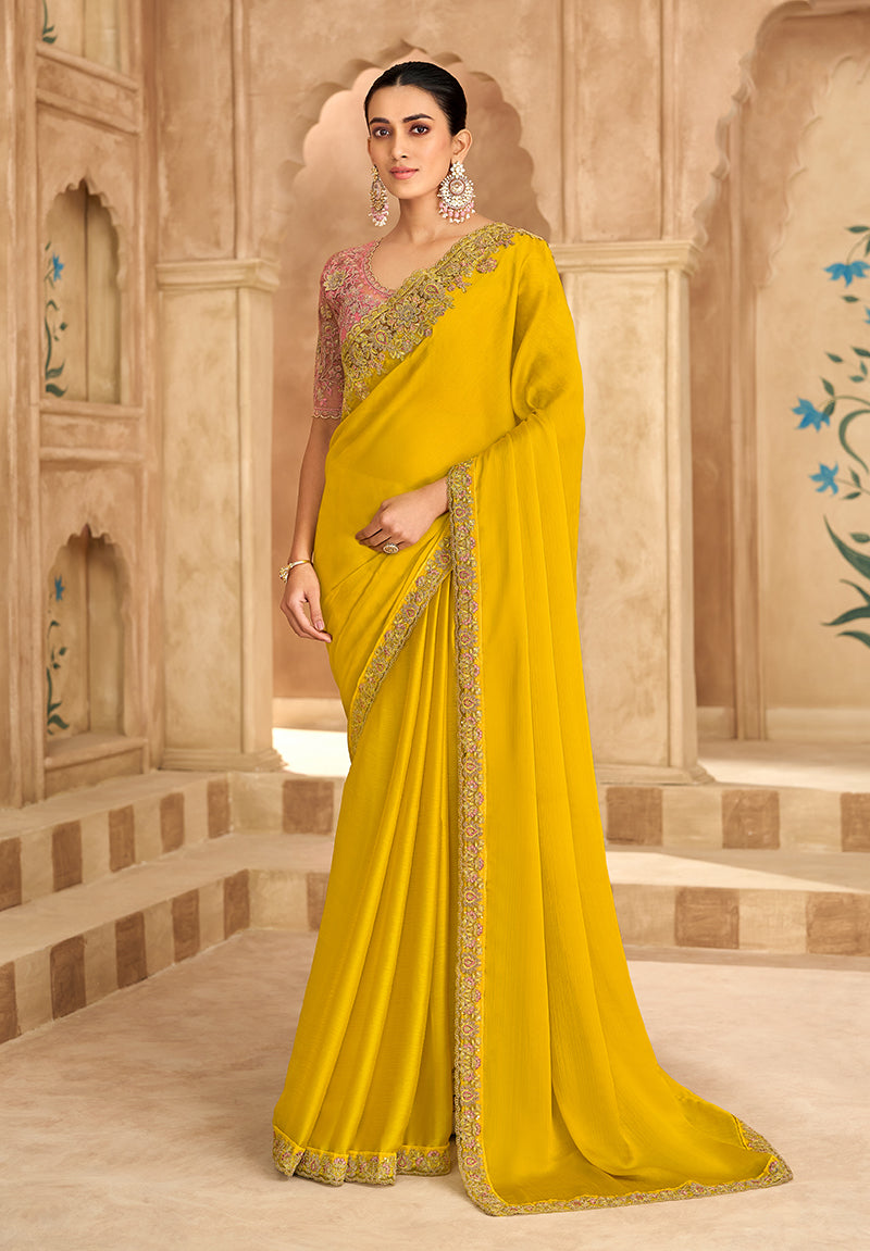 Embroidered Faux Chiffon Satin Yellow Saree - Monjolika Fashion