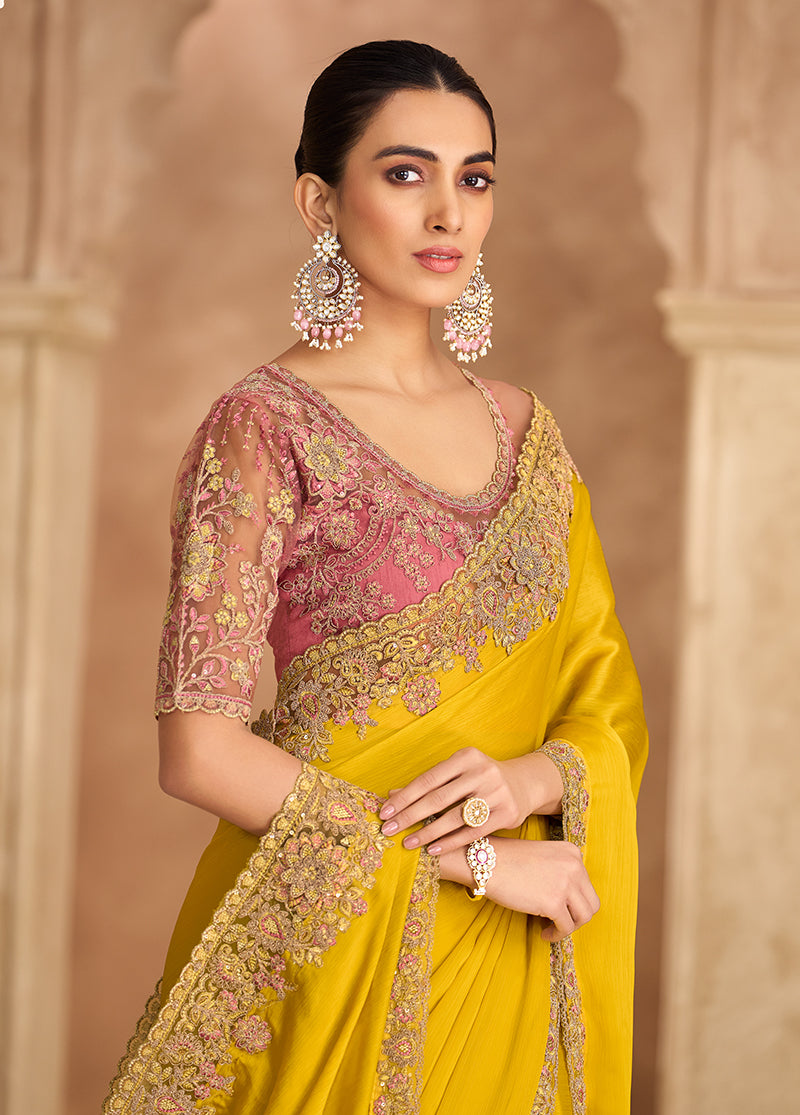 Embroidered Faux Chiffon Satin Yellow Saree - Monjolika Fashion