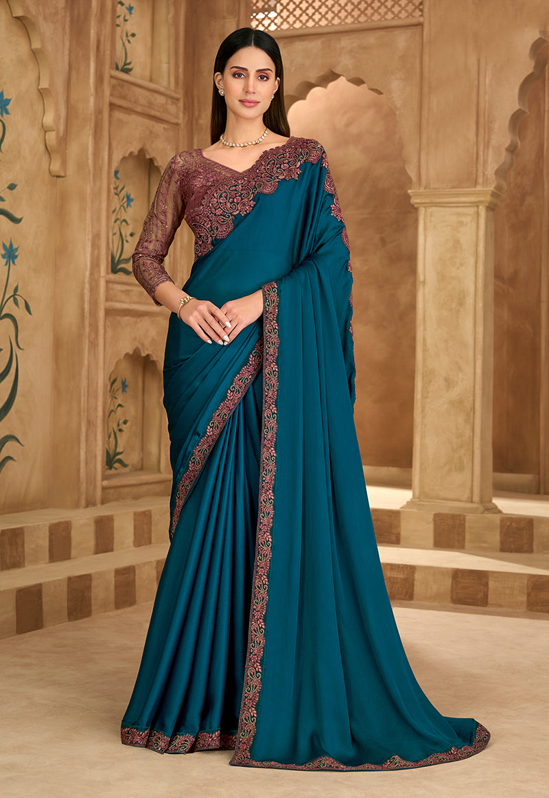 Embroidered Faux Chiffon Satin Teal Blue Saree - Monjolika Fashion