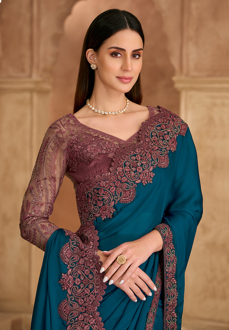 Embroidered Faux Chiffon Satin Teal Blue Saree - Monjolika Fashion