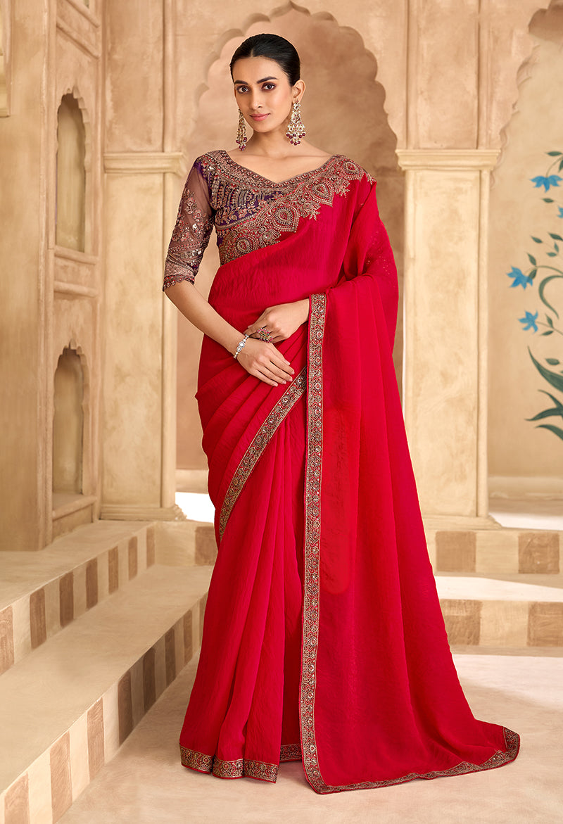 Embroidered Faux Georgette Satin Red Saree - Monjolika Fashion