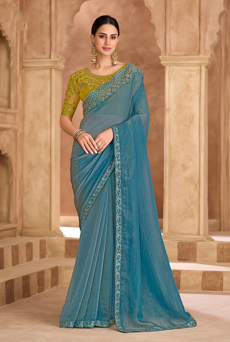 Embroidered Faux Georgette Sky Blue Saree - Monjolika Fashion