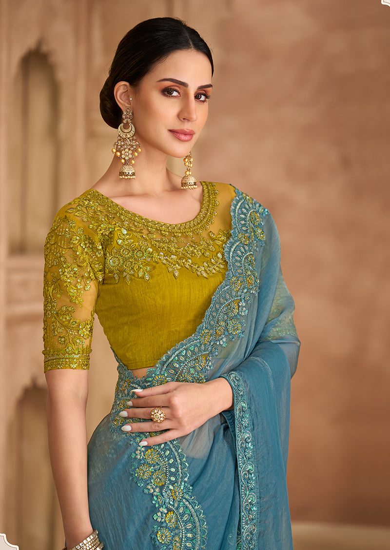 Embroidered Faux Georgette Sky Blue Saree - Monjolika Fashion