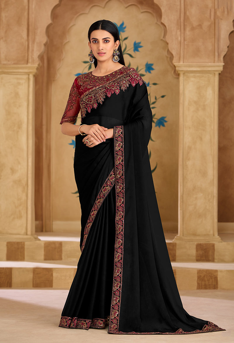 Embroidered Faux Georgette Black Saree - Monjolika Fashion