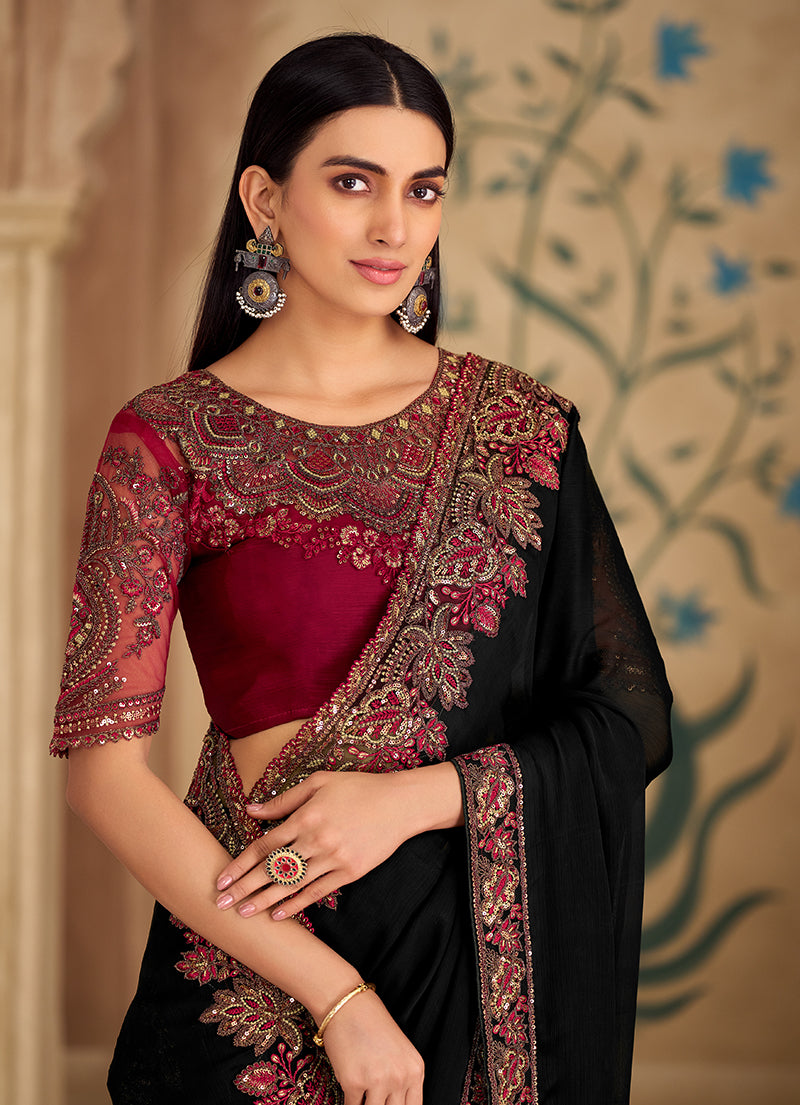 Embroidered Faux Georgette Black Saree - Monjolika Fashion