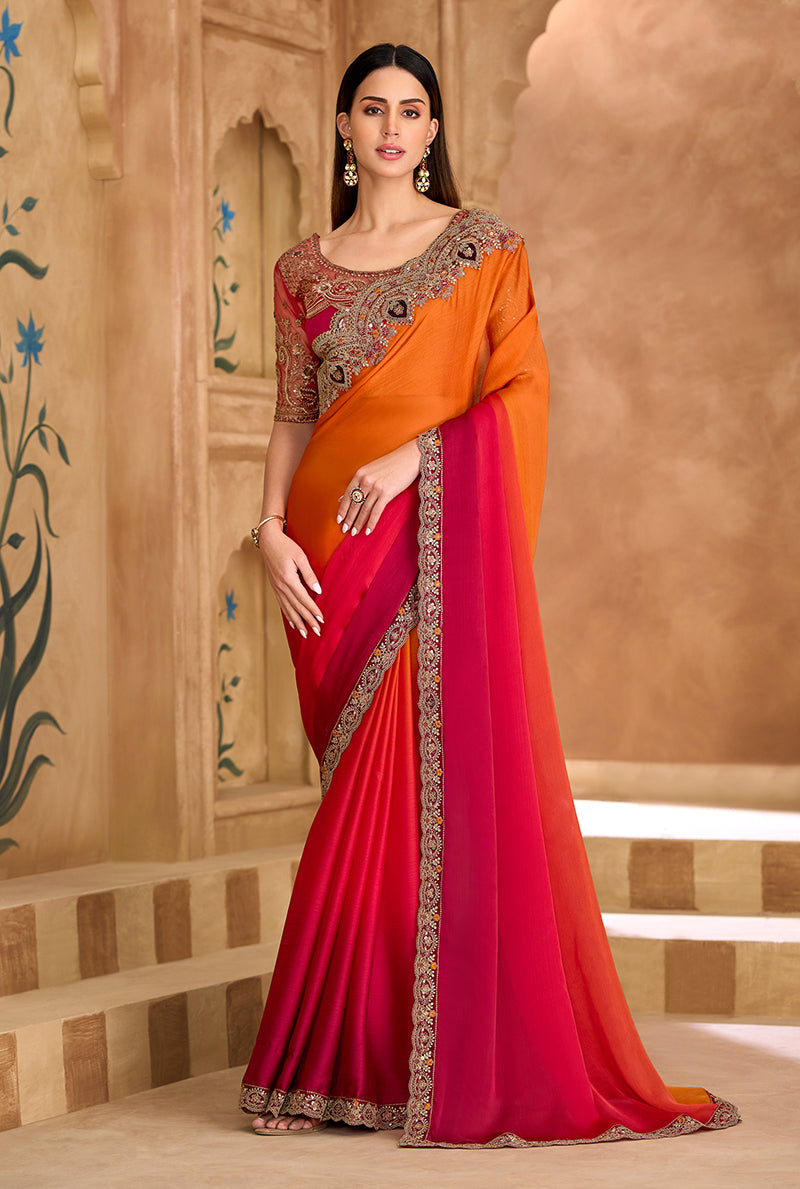 Embroidered Faux Chiffon Satin Orange & Rani Pink Saree - Monjolika Fashion