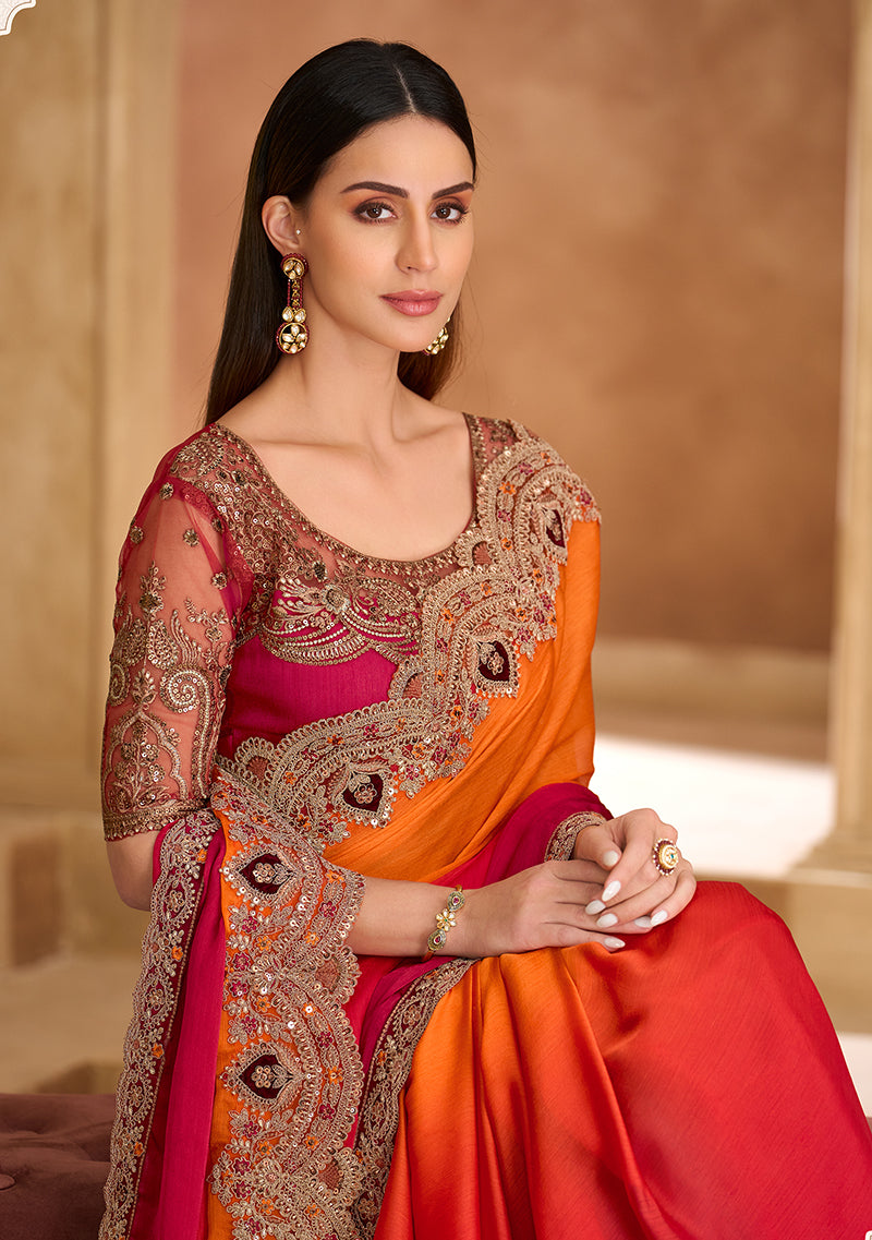 Embroidered Faux Chiffon Satin Orange & Rani Pink Saree - Monjolika Fashion