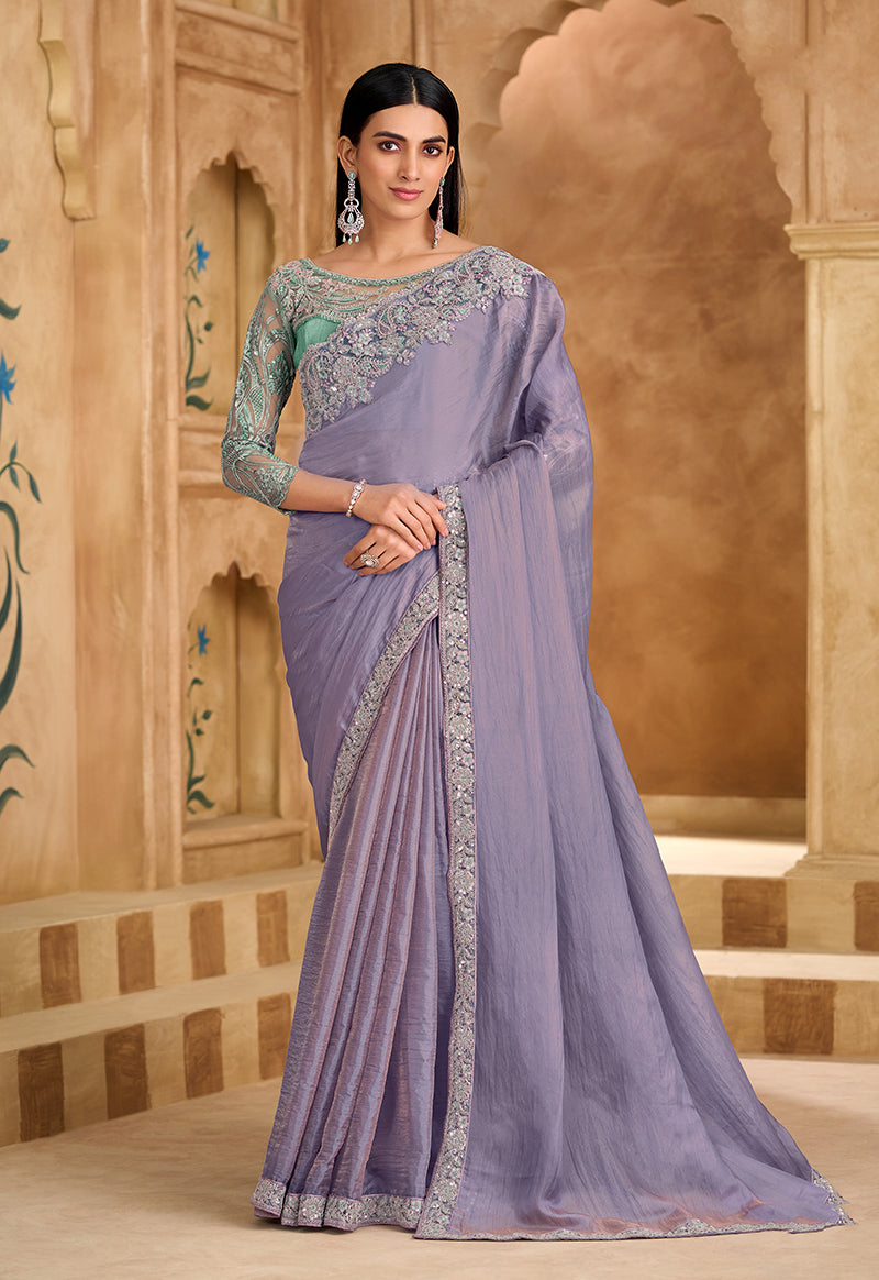 Embroidered Faux Chiffon Lavender Saree - Monjolika Fashion