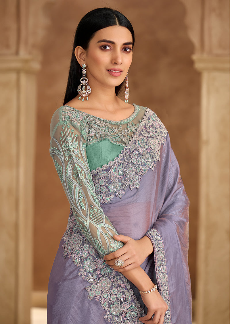 Embroidered Faux Chiffon Lavender Saree - Monjolika Fashion