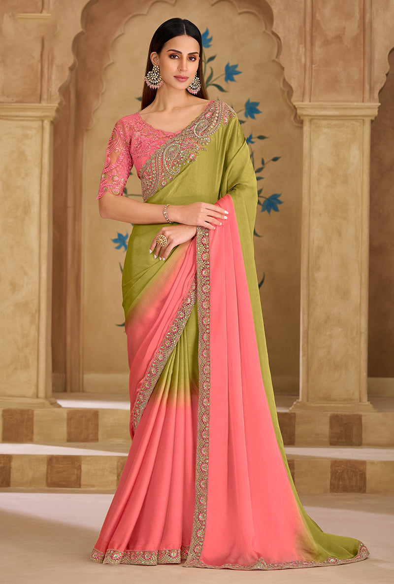 Embroidered Faux Georgette Parrot Green & Pink Saree - Monjolika Fashion