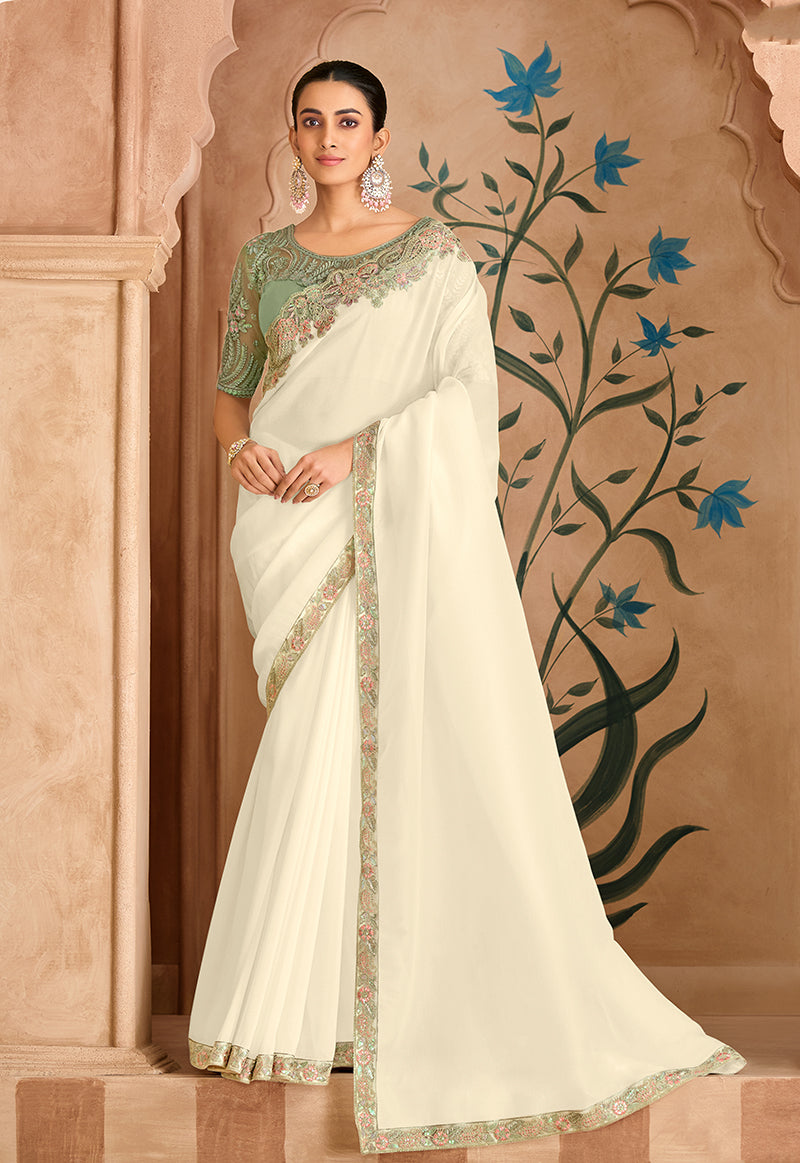 Embroidered Faux Chiffon Satin Off White Saree - Monjolika Fashion