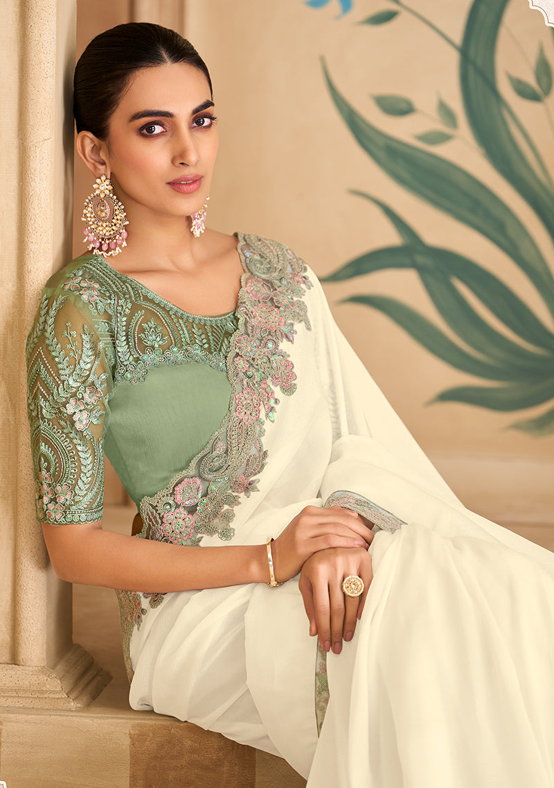 Embroidered Faux Chiffon Satin Off White Saree - Monjolika Fashion
