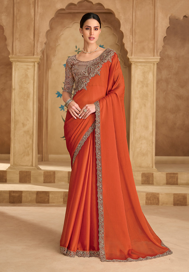 Embroidered Faux Chiffon Satin Orange Saree - Monjolika Fashion