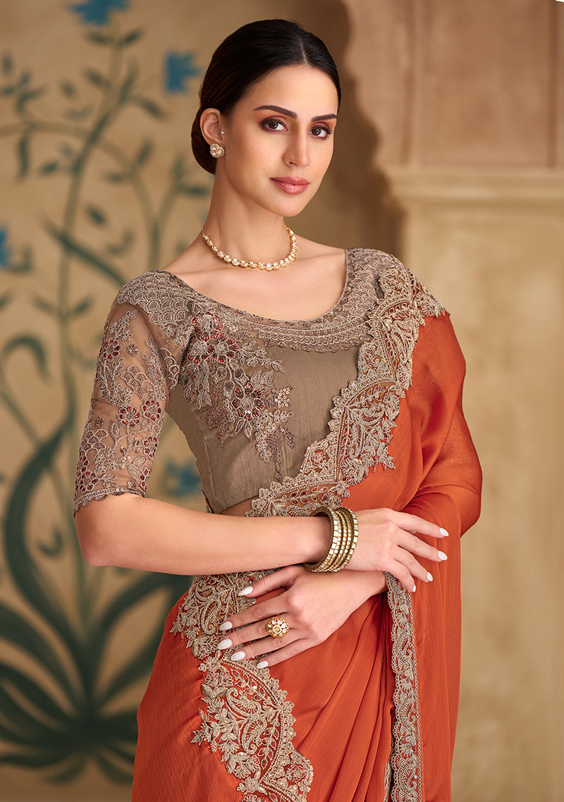 Embroidered Faux Chiffon Satin Orange Saree - Monjolika Fashion