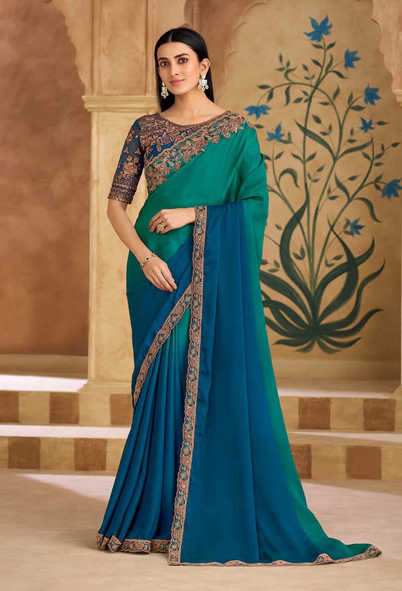 Embroidered Faux Chiffon Teal Green & Blue Saree - Monjolika Fashion