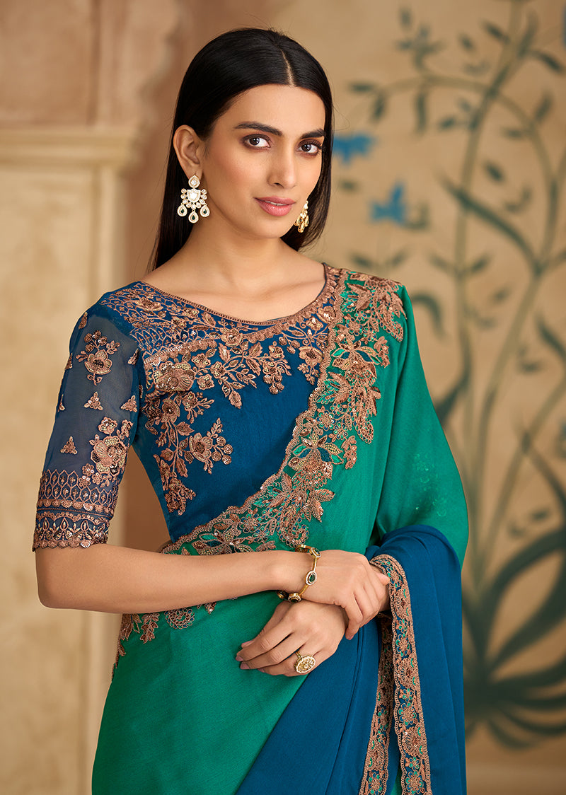 Embroidered Faux Chiffon Teal Green & Blue Saree - Monjolika Fashion