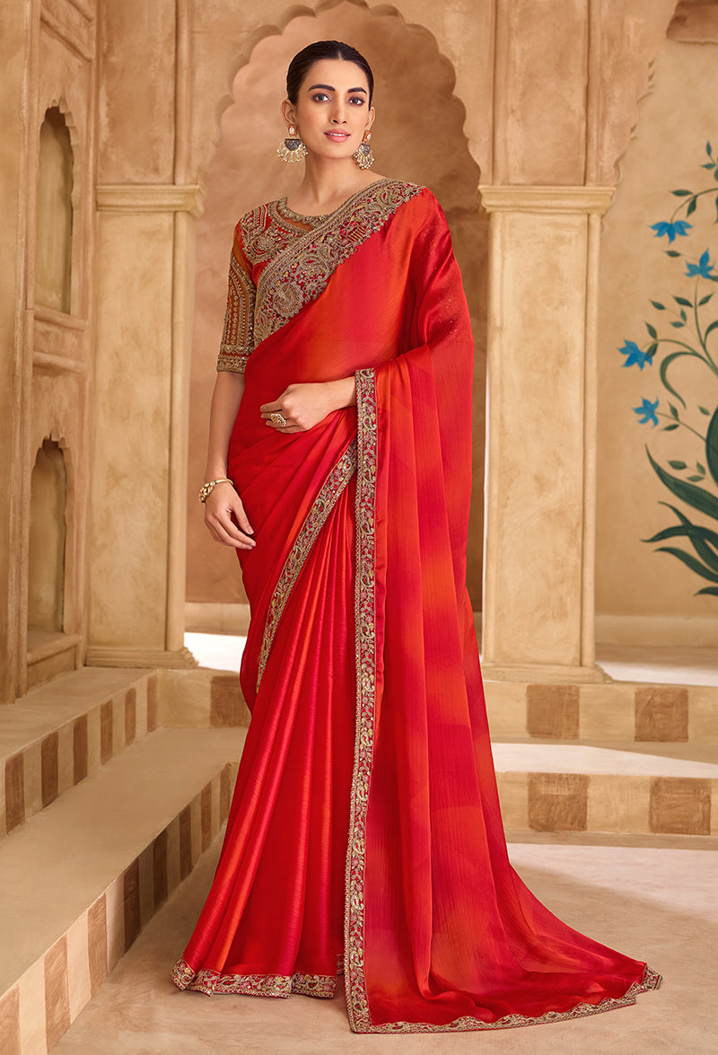 Embroidered Faux Chiffon Shaded Red Saree - Monjolika Fashion