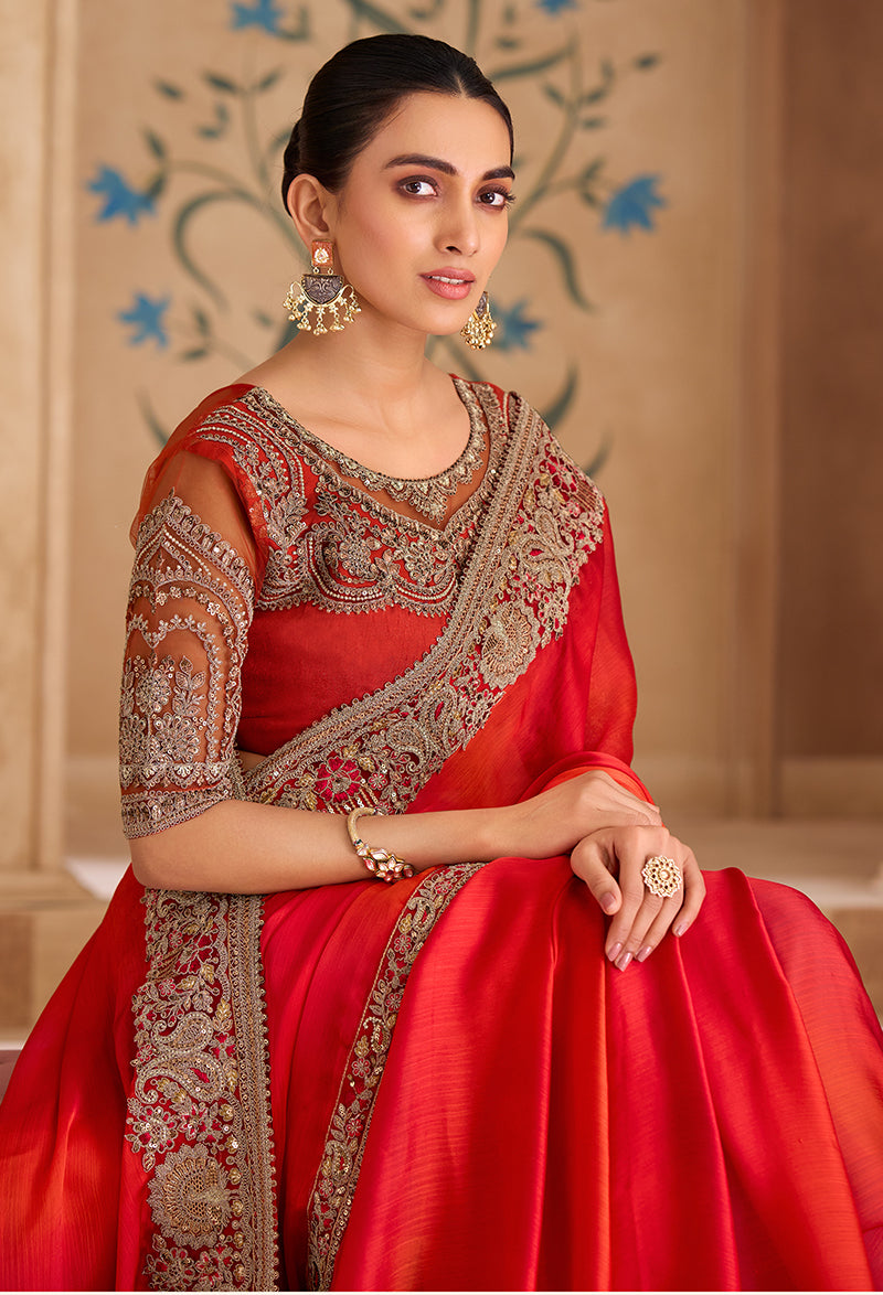 Embroidered Faux Chiffon Shaded Red Saree - Monjolika Fashion