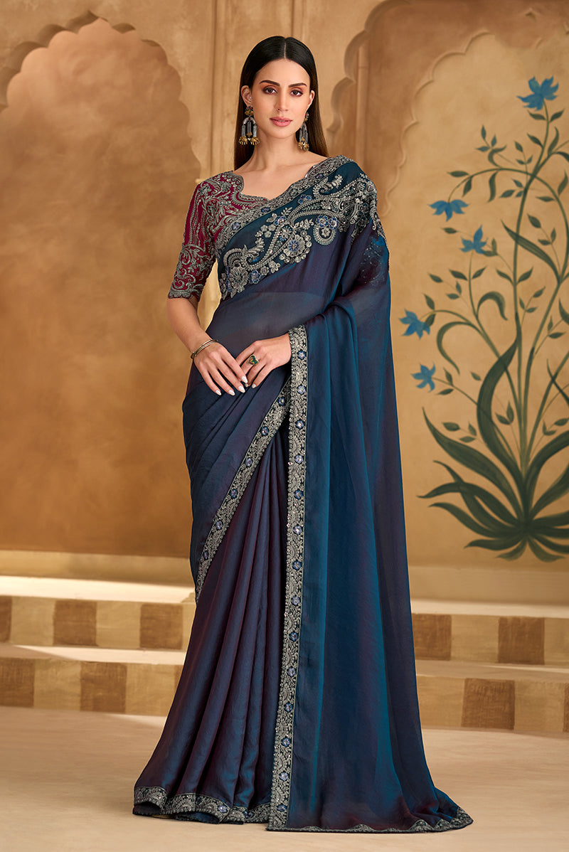 Embroidered Faux Georgette Navy Blue Saree - Monjolika Fashion