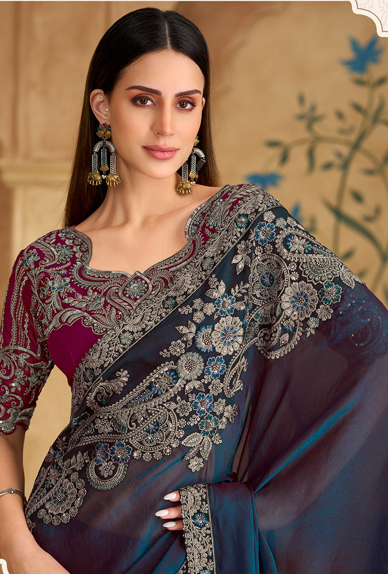 Embroidered Faux Georgette Navy Blue Saree - Monjolika Fashion
