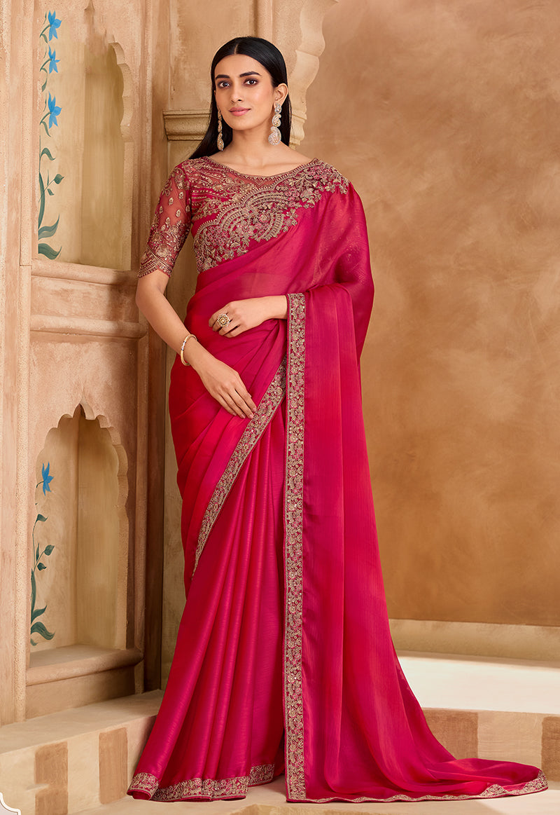 Embroidered Faux Chiffon Satin Rani Pink Saree - Monjolika Fashion