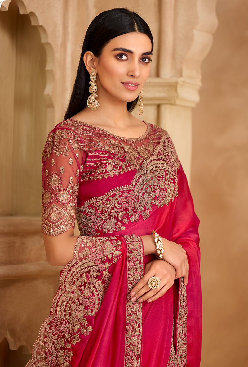 Embroidered Faux Chiffon Satin Rani Pink Saree - Monjolika Fashion