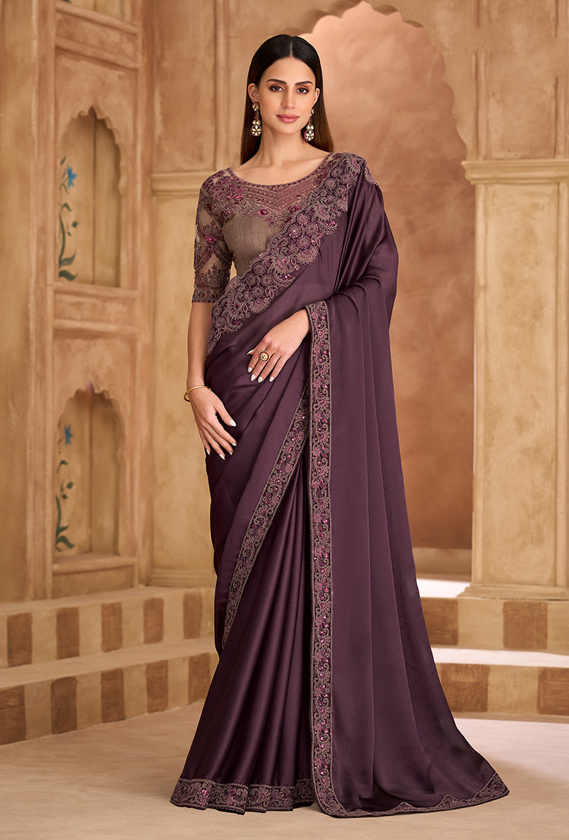 Embroidered Faux Chiffon Satin Wine Saree - Monjolika Fashion