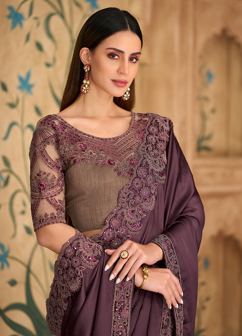 Embroidered Faux Chiffon Satin Wine Saree - Monjolika Fashion