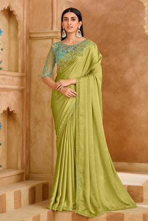 Embroidered Faux Chiffon Satin Light Green Saree