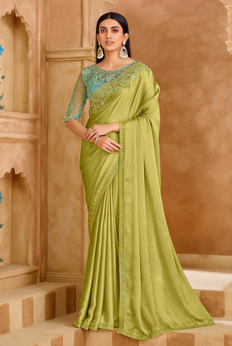 Embroidered Faux Chiffon Satin Light Green Saree - Monjolika Fashion