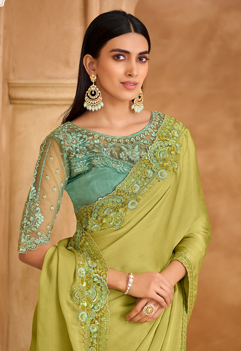 Embroidered Faux Chiffon Satin Light Green Saree - Monjolika Fashion