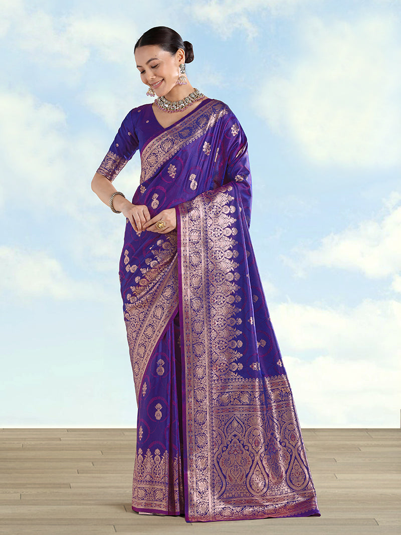 Purple Banarasi Silk Zari Woven Saree With Dupatta - Monjolika Fashion