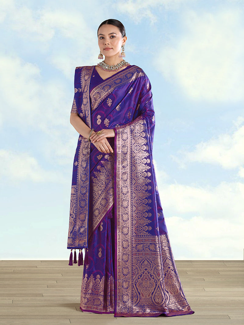 Purple Banarasi Silk Zari Woven Saree With Dupatta - Monjolika Fashion