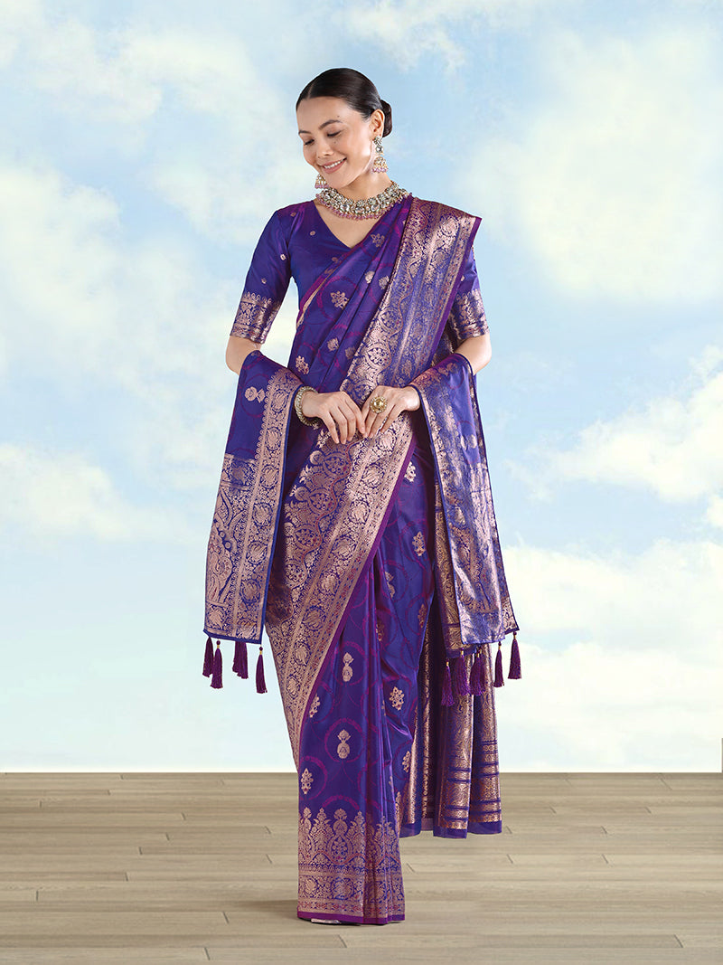Purple Banarasi Silk Zari Woven Saree With Dupatta - Monjolika Fashion
